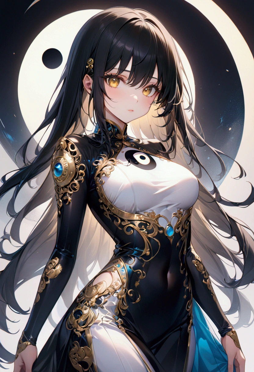 Adult Anime girl with long straight black hair with white highlights, golden eyes,ying yang clothes, detailed body, detailed eyes, masterpiece, best quality, aesthetic, standard pose, 8k, high resolution, ultra-sharp. 