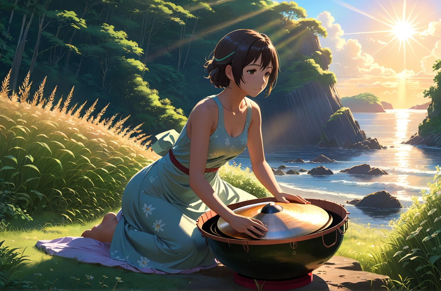 Uses Makoto Shinkai's depiction perfectly,8k 4k masterpiece photo , In nature,A beautiful woman playing a large handpan,Wearing a dress made of soft fabric,,Sitting,Tank top dress,The morning sun pours down,Bust is larger
