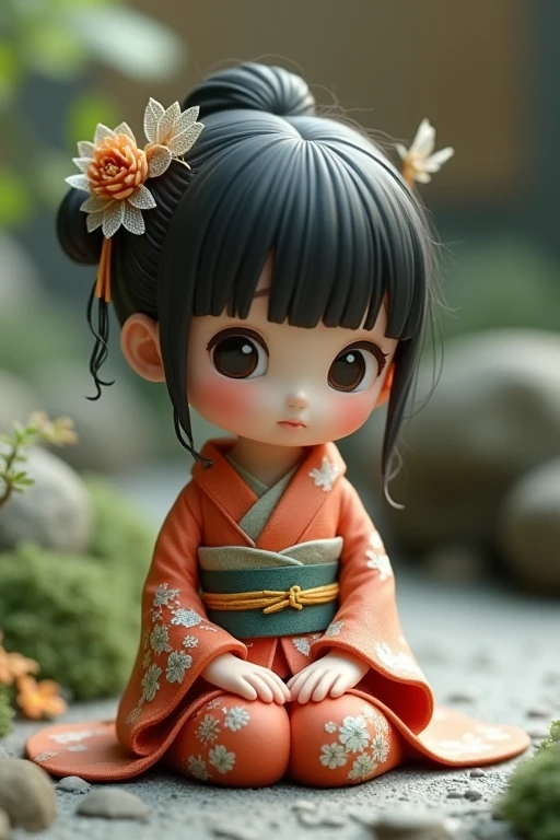 Mini character short kimono sitting on the ground