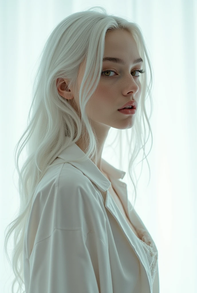 ((masterpiece, best quality)), (1 girl), (alone), (Women's Focus), (Ahog, white hair, Very long hair), Golden Eyes, open mouth, ((White shirt), (Button-down shirts), (gap button)), Permanent, White background, Dynamic angle, sideboob:1.6
