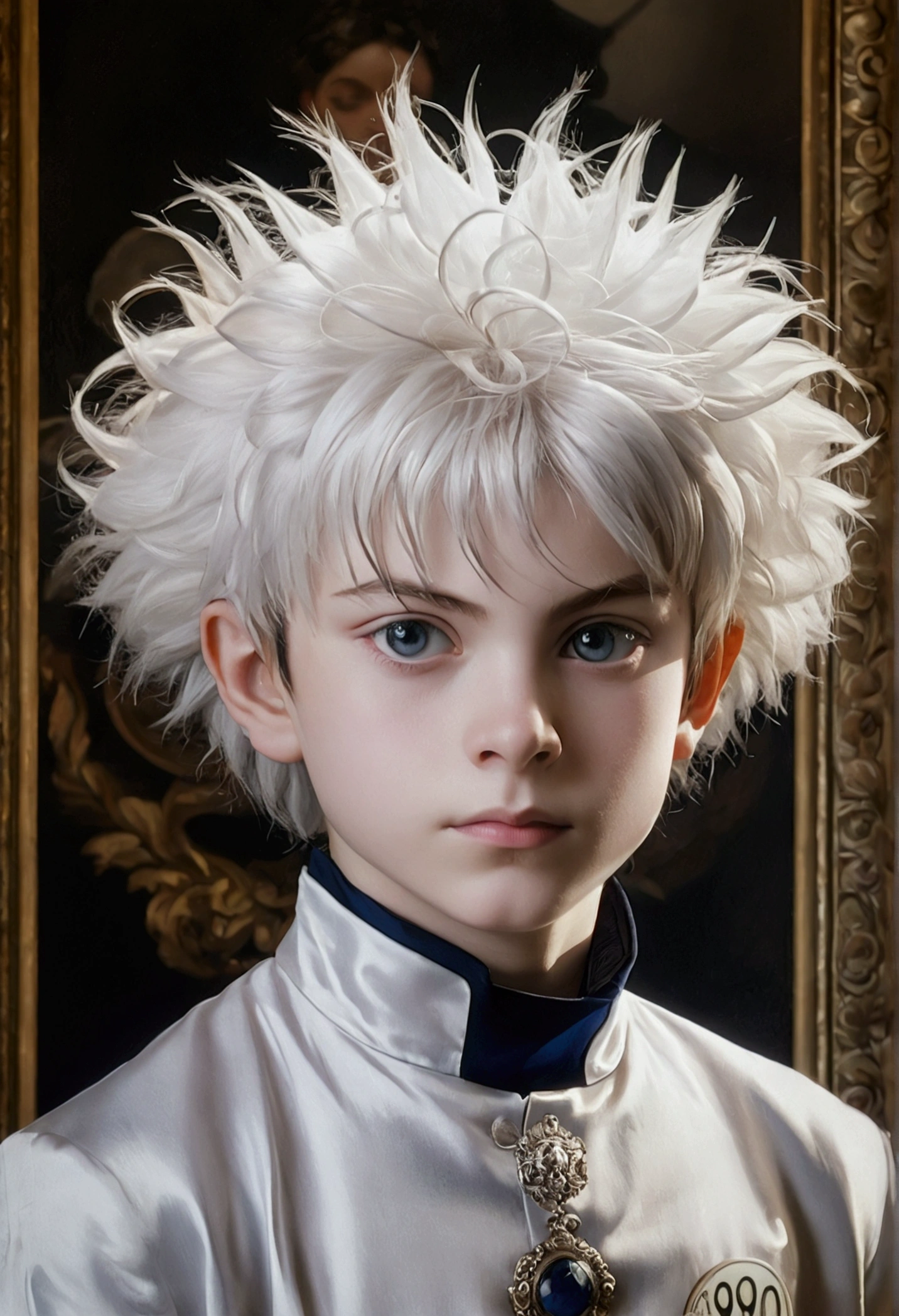 a 12 year old boy with silver hair, victorian era oil painting, killua zoldyck, detailed facial features, beautiful eyes, intricate hairstyle, elegant victorian clothing, serious expression, dramatic lighting, rich color palette, ornate victorian frame, highly detailed, award winning, masterpiece, photorealistic, 8k