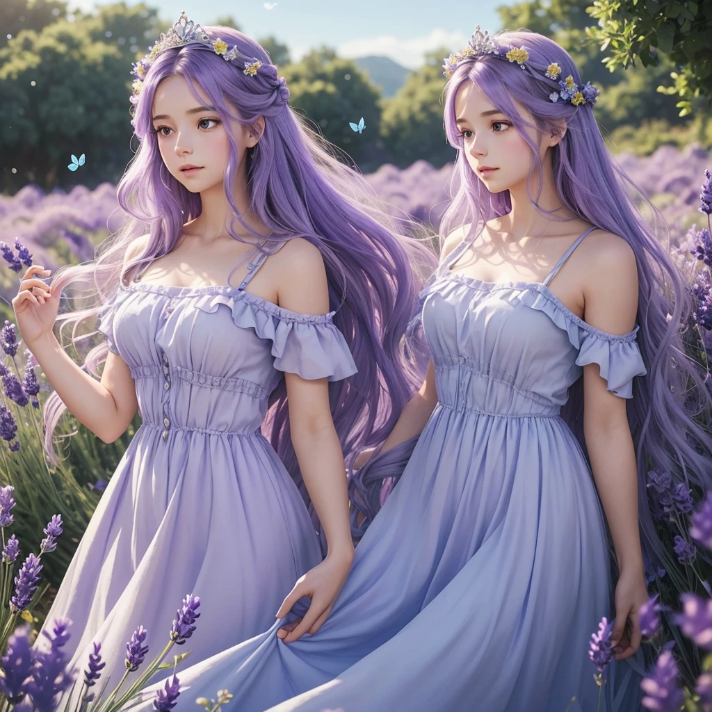 The image is a digital illustration of a young woman with long, wavy lavender hair. She is wearing a crown of purple flowers on her head. The background is a soft, pastel blue color, and there are several blue butterflies flying around her. The overall mood of the image is dreamy and ethereal. She is wearing a lavender coloured dress.