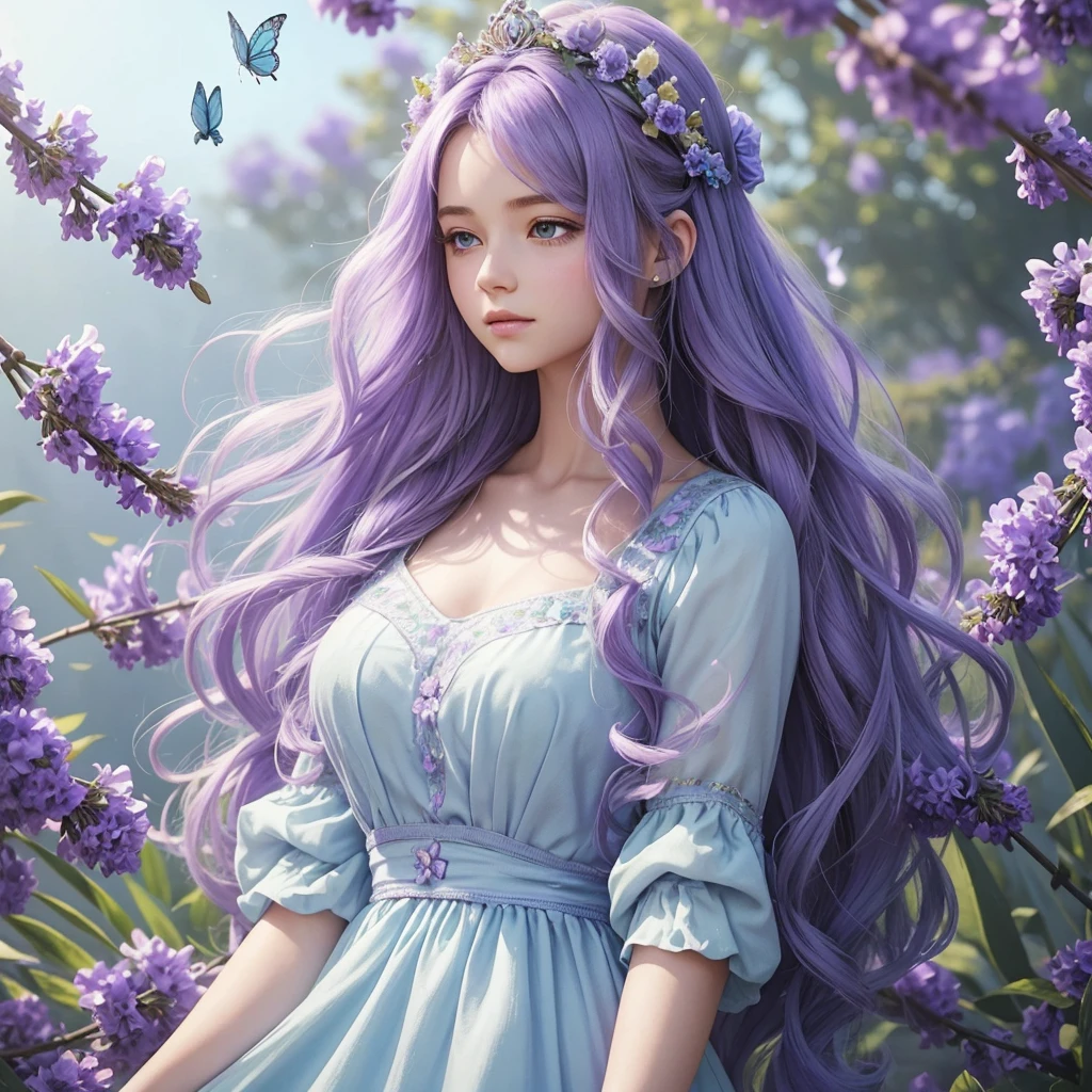 The image is a digital illustration of a young woman with long, wavy lavender hair. She is wearing a crown of purple flowers on her head. The background is a soft, pastel blue color, and there are several blue butterflies flying around her. The overall mood of the image is dreamy and ethereal. She is wearing a lavender coloured dress.