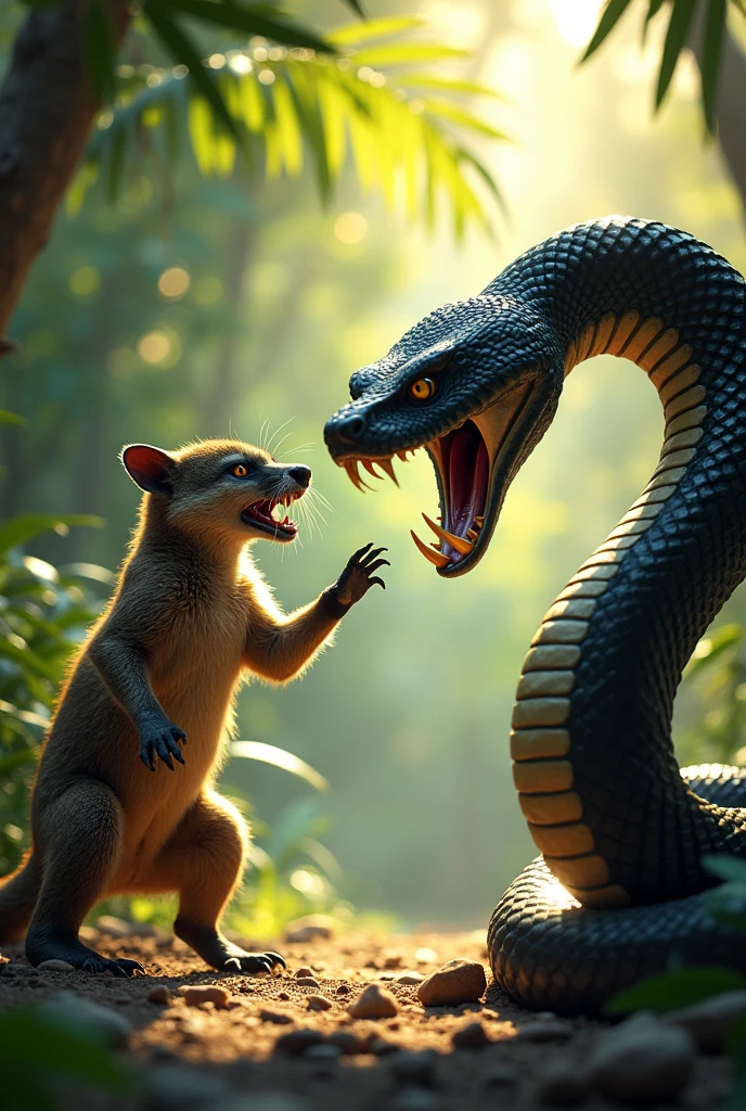 A frightening jungle scene during the daytime, with sunlight filtering through. On the right side, there is a black cobra with its hood flared forward, ready to strike. On the other side, there is a large mongoose, standing on its hind legs with its mouth open, extending one paw forward, poised for battle.
