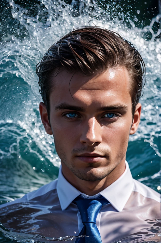 Beautiful Men, Super detailed photos, Soft Light, Head and shoulders portrait, cover, mat(Studio Portrait:1.2) Beautiful 28-year-old boy Ihti Andor in a suit, Wet Hair, Dreamy blue eyes, Big waves, evening, Sharp focus, Spectacular lighting, Detailed face, Scattered beneath the surface, f2, 35mm photography --ar 132:161 --s 750 --v 5.2