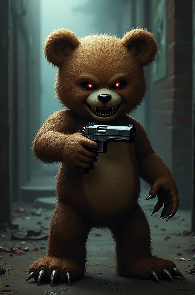 Imagine a evil teddy bear with a gun