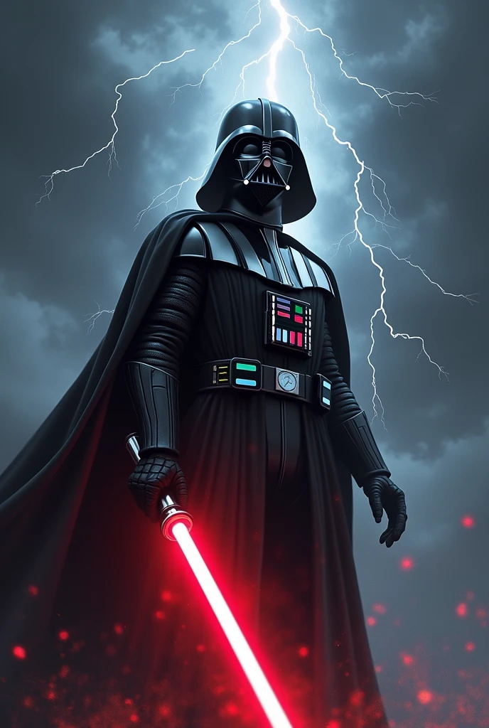 Darth Vader with a red lightsaber in a thunderstorm