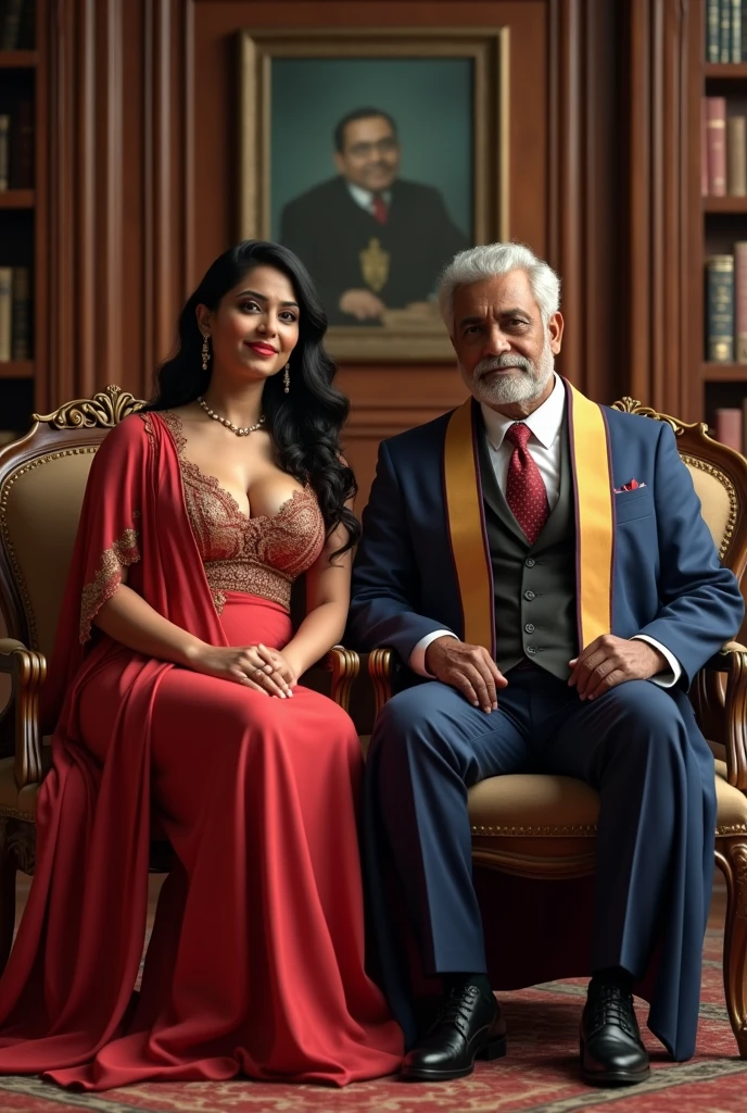  Wearing full body  Academic regalia  wealthy sri lankan average beautiful girl(big  large breasts and butt) sit in chair and sri lankan wealthy age 35 big dick man (software,electrical,garments companies owner)