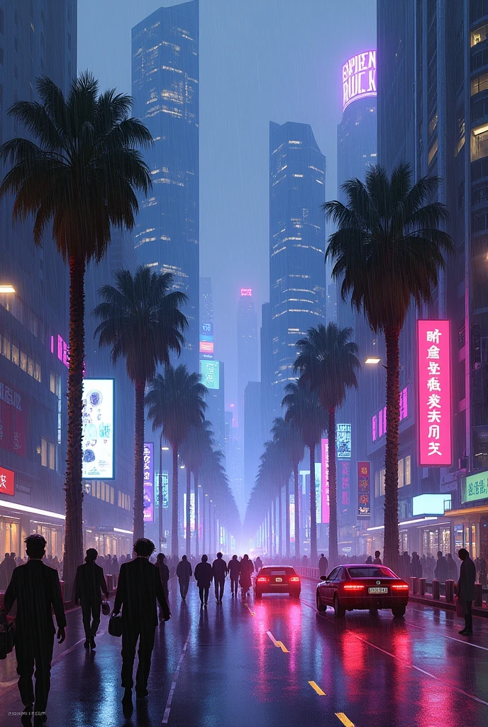 Oil painting of a futuristic street, tall buildings in a distance,bright purple and blue lights, billboards, people walking on footpath, and cars on the street. Night time, raining, very realistic, a 5 palm trees in the walk way.