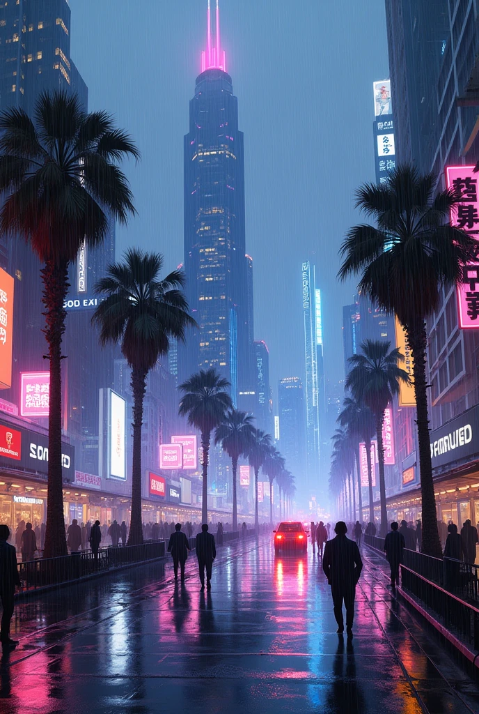 Oil painting of a futuristic street, tall buildings in a distance,bright purple and blue lights, billboards, people walking on footpath, and cars on the street. Night time, raining, very realistic, a 5 palm trees in the walk way.