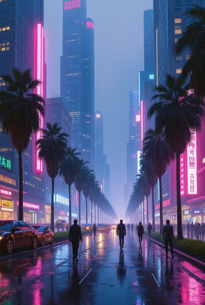 Oil painting of a futuristic street, tall buildings in a distance,bright purple and blue lights, billboards, people walking on footpath, and cars on the street. Night time, raining, very realistic, a 5 palm trees in the walk way.
