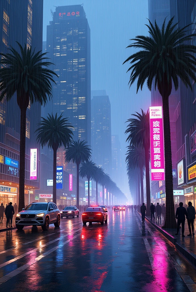 Oil painting of a futuristic street, tall buildings in a distance,bright purple and blue lights, billboards, people walking on footpath, and cars on the street. Night time, raining, very realistic, a 5 palm trees in the walk way.