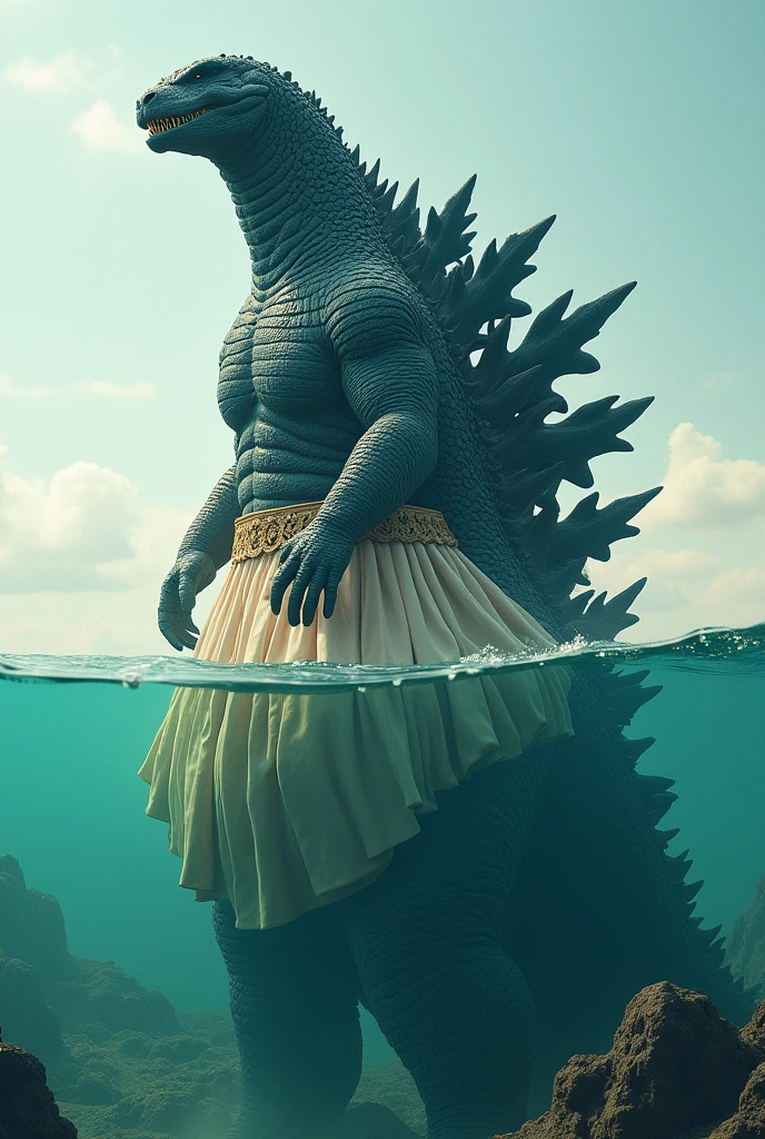 Godzilla wearing skirt while bottom body on water
