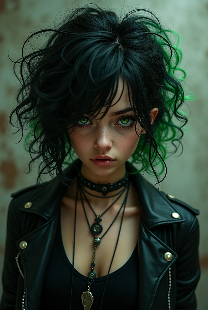 Une fille, , cheveux bouclé couleur noir et vert, yeux vert, style rebelle, blouson en cuir noir