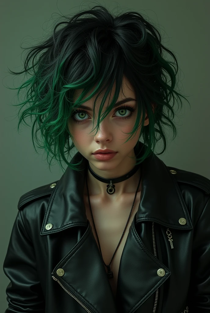 Une fille, , cheveux bouclé couleur noir et vert, yeux vert, style rebelle, blouson en cuir noir