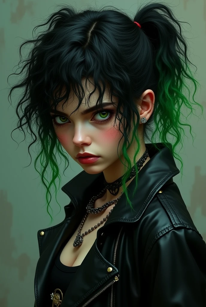Une fille, , cheveux bouclé couleur noir et vert, yeux vert, style rebelle, blouson en cuir noir