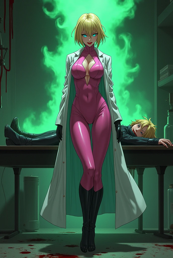 Anime style, Sultry and Beautiful young woman with a soul of pure evil and hatred. Short blonde hair that covers her left eye and blue eyed supervillain dressed in a sleek skintight pink bodysuit, long black gloves and black calf high boots. A long white lab coat over her bodysuit competes the look. She is posing and emanating green energy. She has a smile crossing her thin red lips. The setting is a laboratory with a captured costumed hero secured to a table and being tortured. Lots of blood.