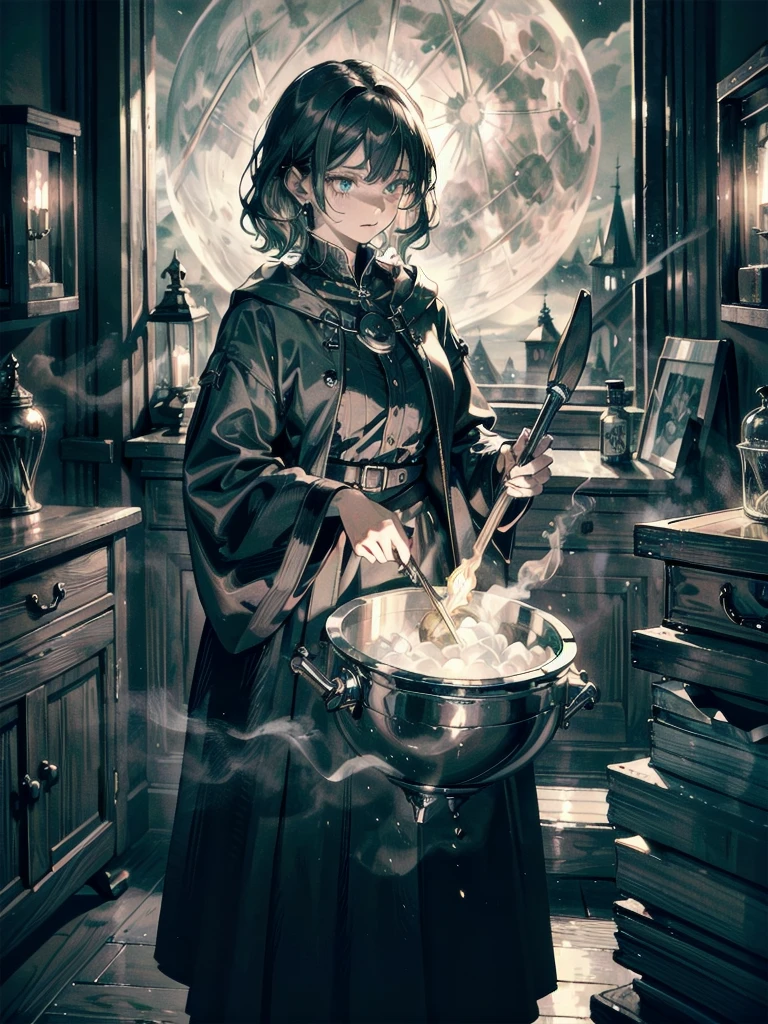 whole body, a beautiful witch in her alchemist room, working on her project with a steaming cauldron filled with green glowing smoke, against the backdrop of a fantasy night with a full moon and a view from the window, dressed in a traditional witch outfit, absurdres, RAW photo, extremely delicate and beautiful, masterpiece, Best Quality, ultra high resolution, 32k, hyperrealistic, ultra-detailed, detailed description, pale skin, 20 years old, detailed beautiful face and eyes, tearful mole, earring, Colossal tits, short medium hair, wavy hair,　