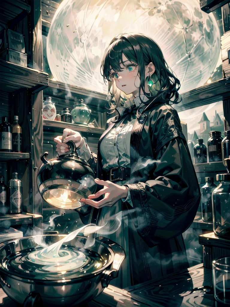whole body, a beautiful witch in her alchemist room, working on her project with a steaming cauldron filled with green glowing smoke, against the backdrop of a fantasy night with a full moon and a view from the window, dressed in a traditional witch outfit, absurdres, RAW photo, extremely delicate and beautiful, masterpiece, Best Quality, ultra high resolution, 32k, hyperrealistic, ultra-detailed, detailed description, pale skin, 20 years old, detailed beautiful face and eyes, tearful mole, earring, Colossal tits, short medium hair, wavy hair,