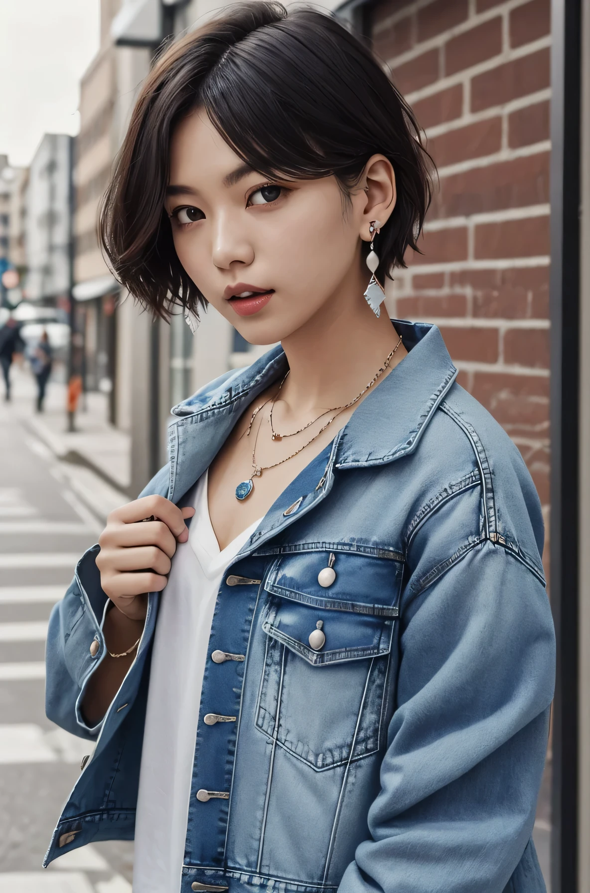 Clean and pure Brazilian women、、short hair、、Denim jacket、shirt、Please open your mouth a little、View your viewers, Earrings, necklace, _background,City street work underway