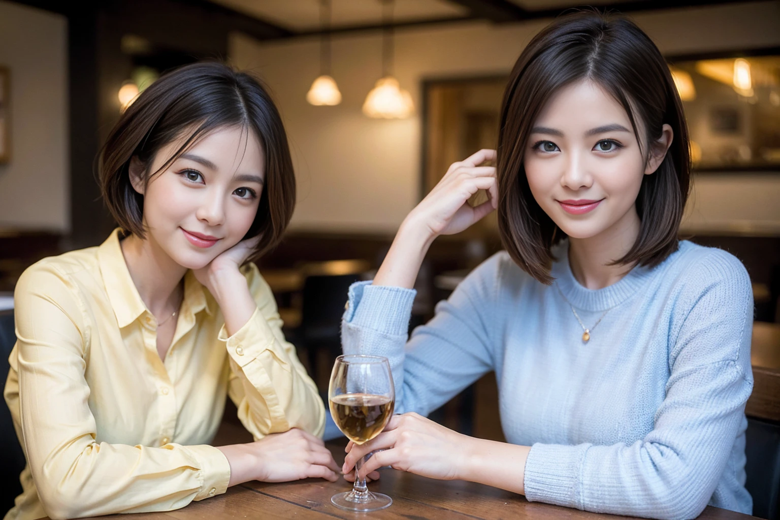 ((Highest quality、8k、masterpiece:1.3))、slimカップル、modelカップル、(Realistic, Intricate details:1.2), full-course dinner、Whiskey bottle and glass on table、Single Malt、scotch、Rocks glass、Shot Glass、on the rocks、Scotland、Amazing view of the sunset sky and clouds、A bright smile、The wonderfulness of smile、 Beautiful Face, blue eyes, The light shines on your face, blush, short hair,Bright Face、 (Age 37), 3,Two beauties、Brown Hair、Shortcuts、Long sleeve shirt、dress、Beautiful woman 1, (slimな顔), (The body is slim), (Brown Hair), (Shortcuts), cheeks turn a little red,Attractive beauty、restaurant, In a prominent place (From the waist up) Nova Frog Style, actress, model, Upper Body, White wine, slim, smile, (smile: 1.15), Beautiful fine grain, Depth f/2,saturation, High Contrast, Strong light and shadow,Moist Body:1.5、3D texture、Delicate eyes、Brown Hair、The hair is very shiny、