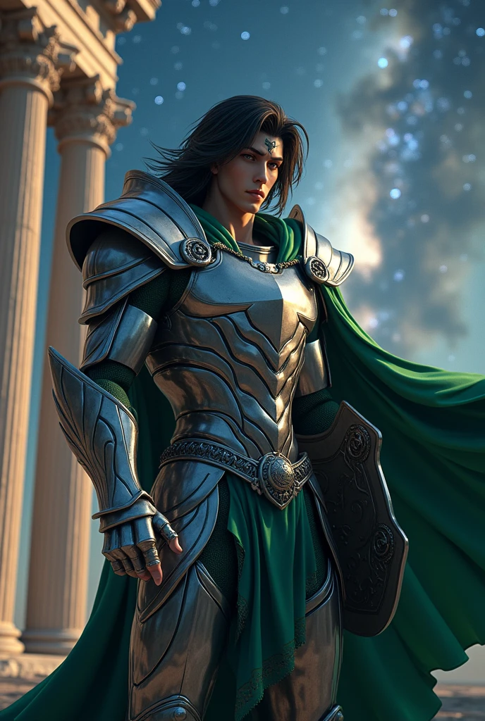 masterpiece, best quality, ultra high res, realistic skin texture, armature, (photorealistic:1.4), high resolution, raw photo, shiny skin, realistic skin texture, best lighting, sparkle, dramatic lighting, dynamic pose, (greek temple background:1.3), night sky, cosmos, milky way, 1girl, (medium breast:1.1), balanced eyes, Dragon Shiryu wearing green silver armor, purple pants, purple short sleeve shirt, wearing dragon helmet, roman skirt plate, (breast plate:1.5), very long hair, shield, cleavage,