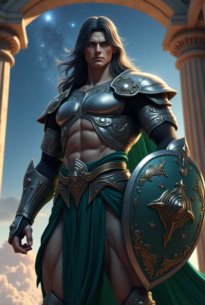 masterpiece, best quality, ultra high res, realistic skin texture, armature, (photorealistic:1.4), high resolution, raw photo, shiny skin, realistic skin texture, best lighting, sparkle, dramatic lighting, dynamic pose, (greek temple background:1.3), night sky, cosmos, milky way, 1girl, (medium breast:1.1), balanced eyes, Dragon Shiryu wearing green silver armor, purple pants, purple short sleeve shirt, wearing dragon helmet, roman skirt plate, (breast plate:1.5), very long hair, shield, cleavage,