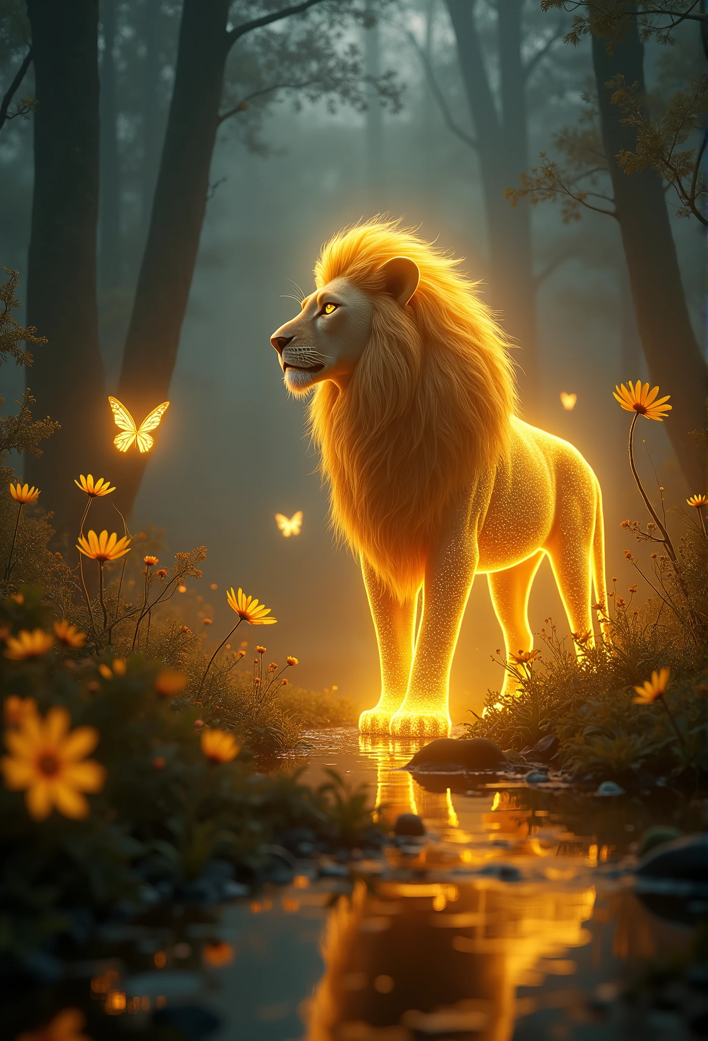 "((masterpiece)) Leo ((it&#39;s foggy)) ,((Magical dark forest :1.2))In the twilight, and ((Strong shadows, Recommended scenarios:1.2)), Glowing Magic Lion,Golden glowing flowers ,((Glowing Butterfly )), Beautiful magic style, Golden reflections on the water,fiercely, Concept Art, number."