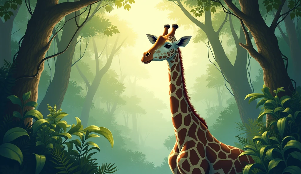 A full-page illustration of Giraffe gazing out over the jungle,
her serene expression and elevated vantage point hinting at her unique insight for children book