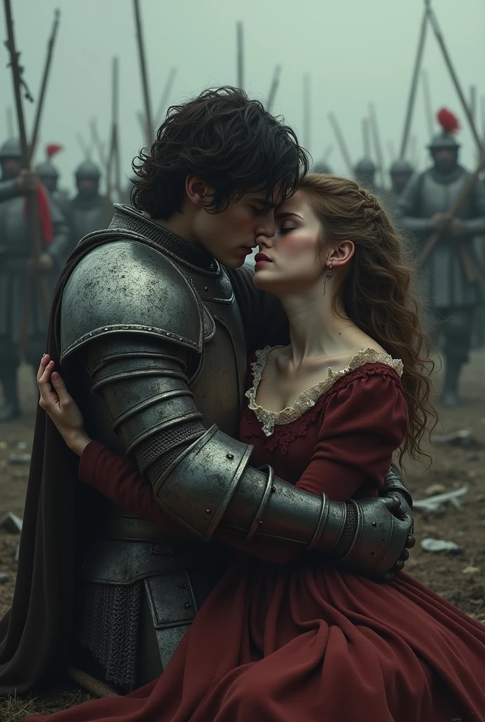 Young woman die in arms of beautiful young knight from enemies army