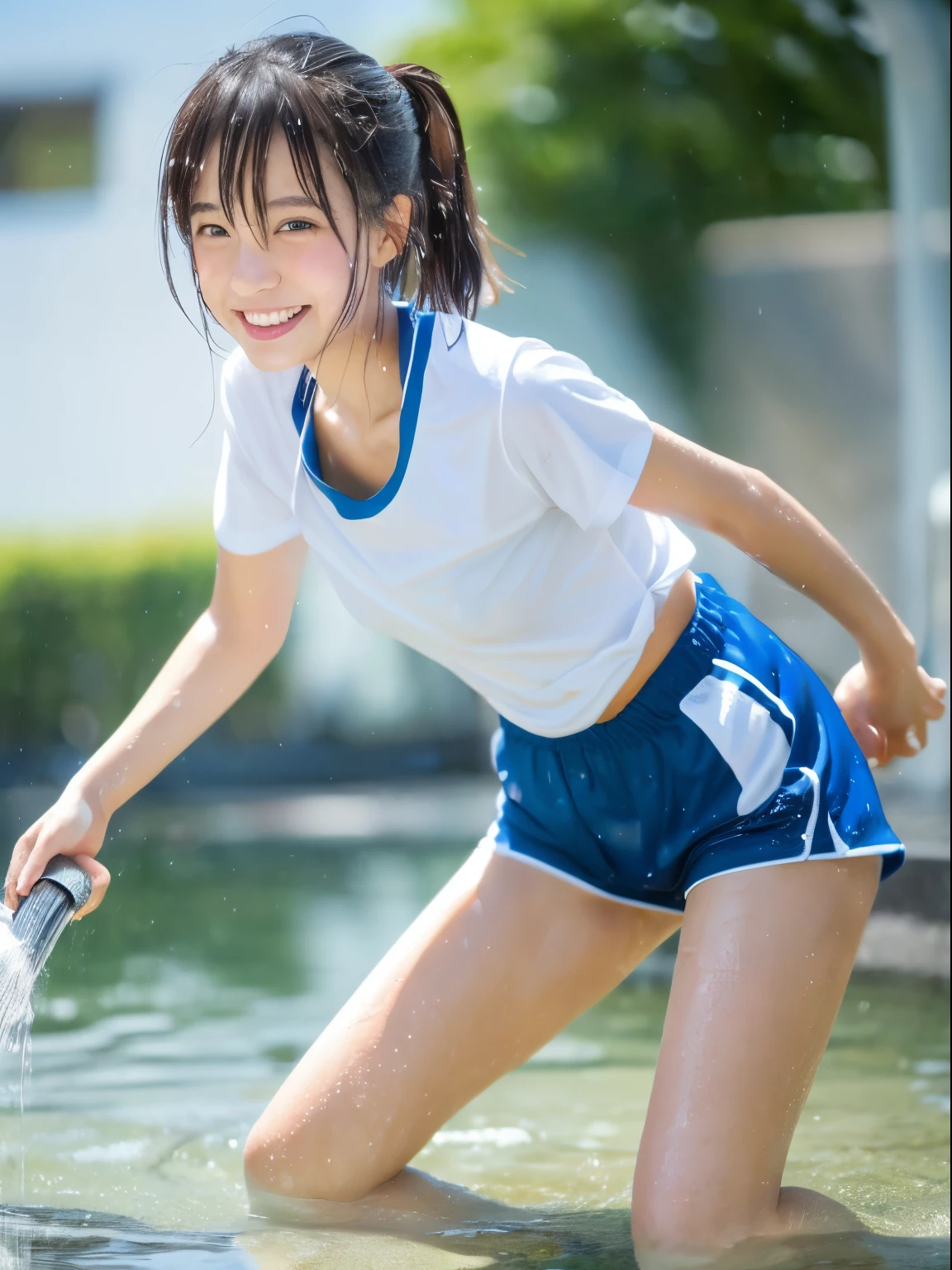 (8k, Top quality, Masterpiece:1.2), (Realistic, photo-realistic:1.37), Super detailed, perfect anatomy, cute, small eyes, 1, a Japanese, girl, shorts, take a shower, splash of water, wet hair, sweat body, smile,