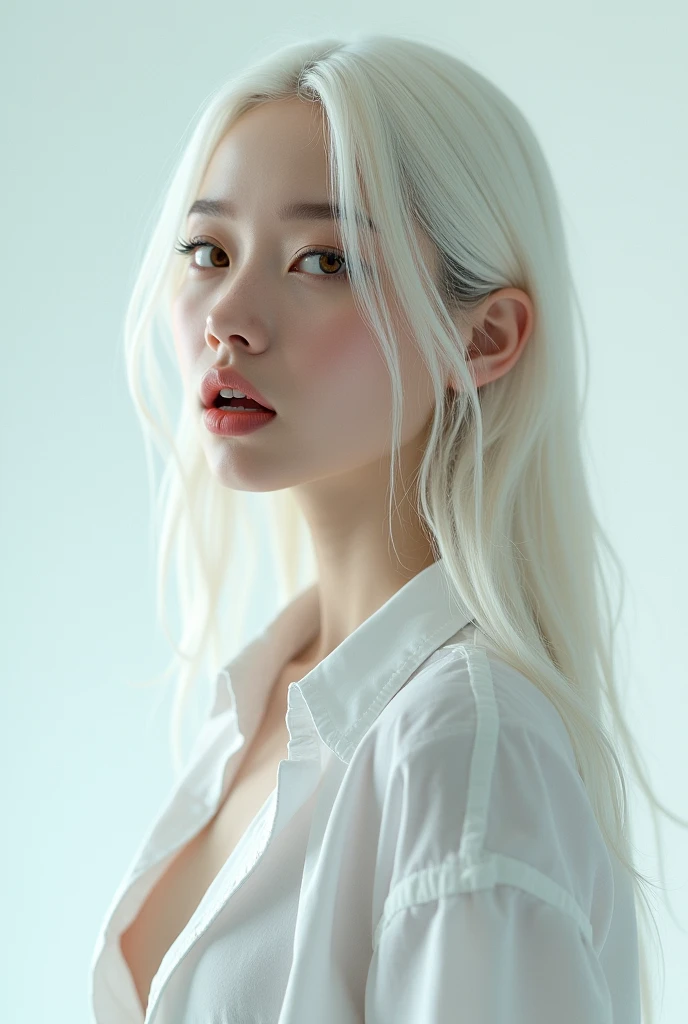 ((masterpiece, best quality)), (1 girl), (alone), (Women's Focus), (Ahog, white hair, Very long hair), Golden Eyes, open mouth, ((White shirt), (Button-down shirts), (gap button)), Permanent, White background, Dynamic angle, sideboob:1.6