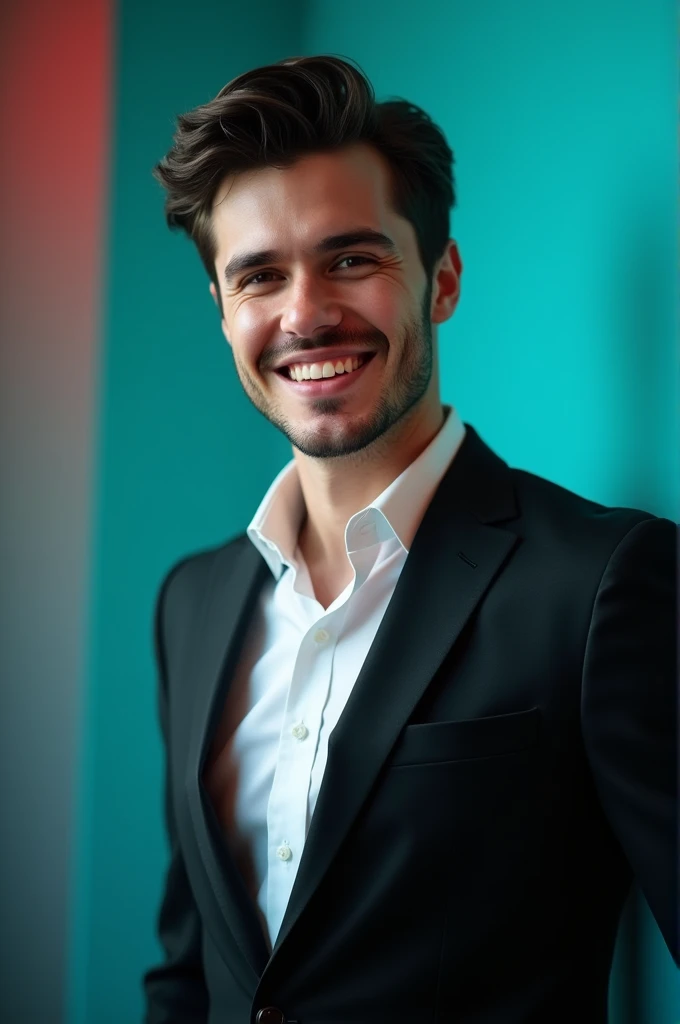 A young man with dark hair and a confident smile. He is dressed in a black blazer over a white shirt. The man is positioned against aqua colour backdrop with a subtle red lighting on the left side an the left side and he posing for linkdin profile