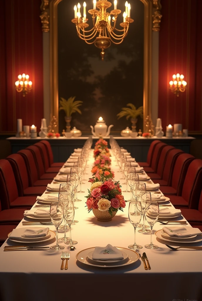 Make pictures,There is a long table in the picture,There are many glasses on the long table。
