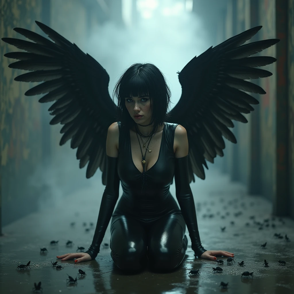 (Best Quality,hight resolution,Masterpiece, full body front view:1.2),Ultra-detailed,woman with black crow wings dressed in black latex bodysuit,sickly,kneeling in a creepy abandoned place, black open wings, detailed wings, intricate high waisted black bodysuit, centered subject,gloomy ecstasy,fetish,dark gloomy atmosphere, creepy insects, gritty texture,Retro-atmosphere,warped reality,melancholic expression on his face,mysterious aura,foggy atmosphere,foggy background,Subtle color palette,agony pose,Strong emotions,Coming Out from the Depths of Despair,Piercing gaze,intense shadows,Plunged in Darkness,dark industrial aesthetic,ominous vibe,A supernatural sensation,Loss of Place in Time and Space,Eerie silence.asymmetrical bangs, freckles, black short hair, Bangs, freckles, gray eyes. [Entire scene is surrounded by lights, evoking a magical and eerie atmosphere. The lighting is bright and atmospheric, with smoke adding a touch of sinister ambiance. Best quality image, HDR enhancement, showcasing the utmost level of detail and realism]. [8K, Best Quality, Ultra High Resolution, (highly detailed CG unity 8k wallpaper), (best photo), (best shadows), isometric 3D, octane rendering, ray tracing, highly detailed, (Best quality, 4K, 8k:1.2), absurdity, ultra detailed, (realistic, photorealistic, photorealistic:1.37), complex parts, HDR, (complex parts:1.12), (hyper detailed, hyper realistic, Soft lighting, spicy:1.2), (complex parts, Hyper detailed:1.15). Blurred foreground. (backlit), masterpiece, high quality, brightness, chromatic aberration, foggy smoke, shadows, contrast, clear sky, (warm hue, warm tone), high details, natural reflections].