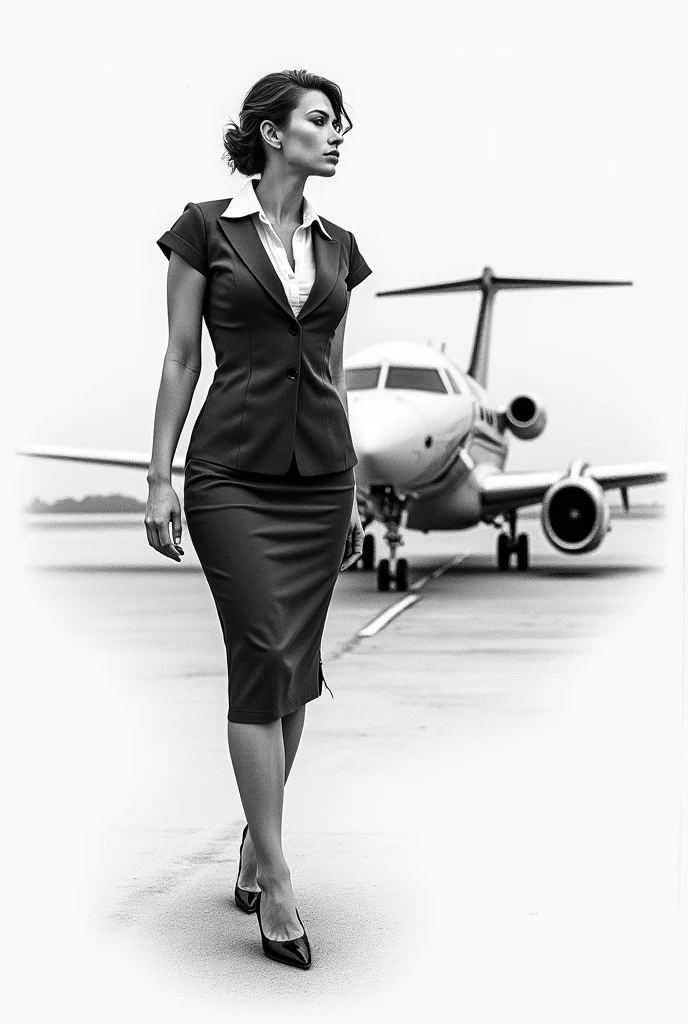 (photodrawingsketch:1.2), sexy woman, no facial features just blank face, standing, wearing a flight attendant uniform, with an aircraft behind her back, black and white, pencil sketch drawing
