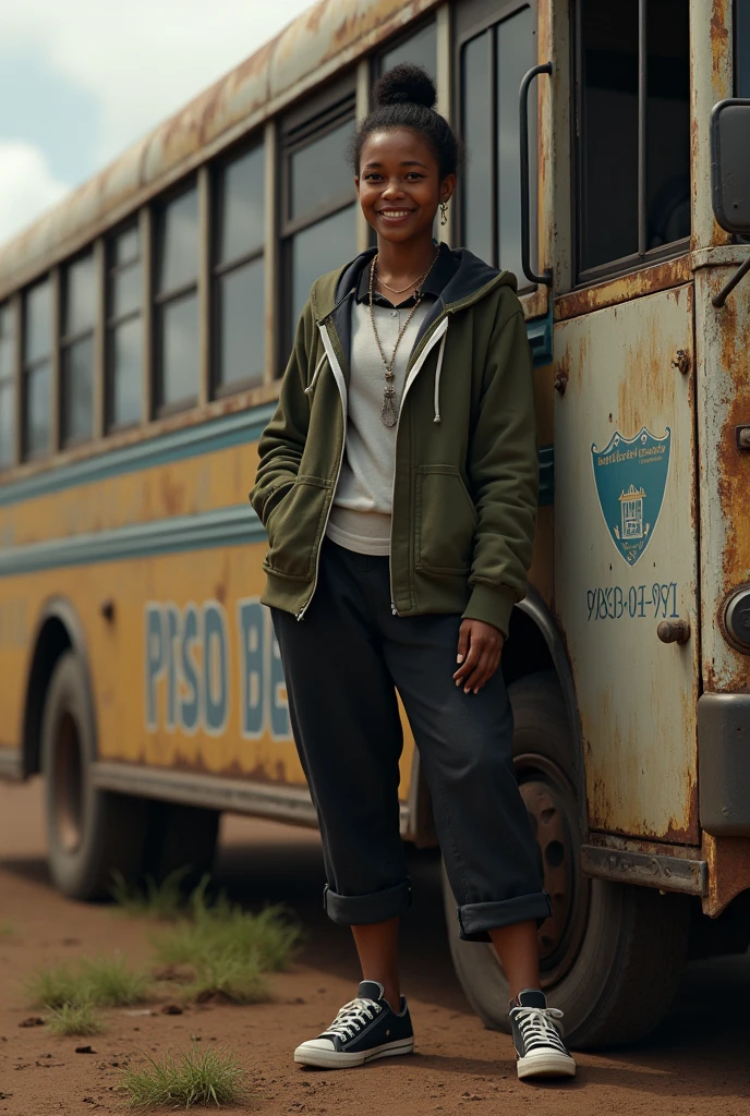 a woman with short hair,tied into one bun,wearing a army coloured hoodie,black and white collar shirt,long pants,sneakers,brown skin,smiling has,space teeth,standing beside a bus with the name bena bena secondary school make it realistic and looking like a papua new guinean
