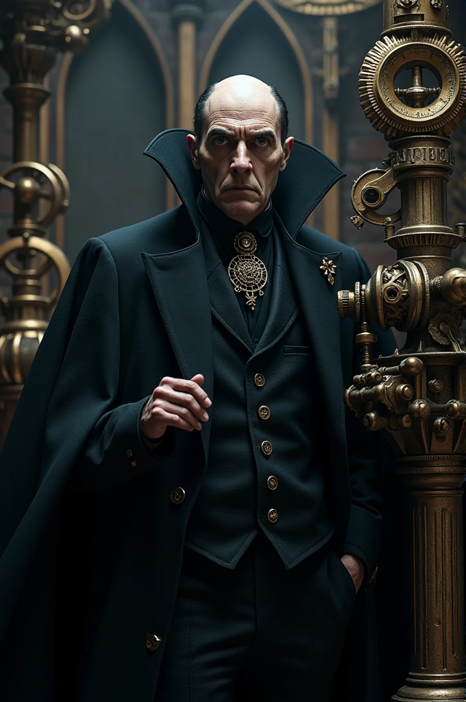 a mechanical era, dracula count, detailed metal gears, clockwork mechanisms, cogs and pistons, gothic architecture, dark and moody lighting, dramatic shadows, dramatic poses, (best quality,4k,8k,highres,masterpiece:1.2),ultra-detailed,(realistic,photorealistic,photo-realistic:1.37),cinematic framing,chiaroscuro lighting,dramatic lighting,dark fantasy,dark gothic,dramatic,highly detailed,intricate,mechanical,steampunk,victorian era
