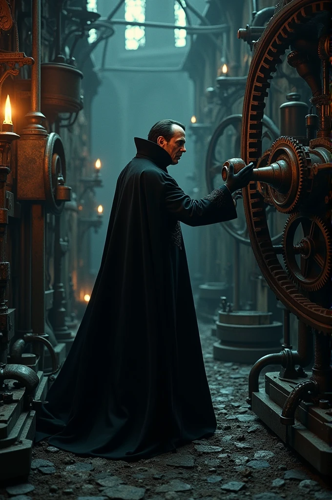 a mechanical era, dracula count, detailed metal gears, clockwork mechanisms, cogs and pistons, gothic architecture, dark and moody lighting, dramatic shadows, dramatic poses, (best quality,4k,8k,highres,masterpiece:1.2),ultra-detailed,(realistic,photorealistic,photo-realistic:1.37),cinematic framing,chiaroscuro lighting,dramatic lighting,dark fantasy,dark gothic,dramatic,highly detailed,intricate,mechanical,steampunk,victorian era