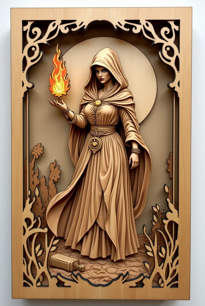 a laser cut wooden panel of witch holding a flame, compact without background