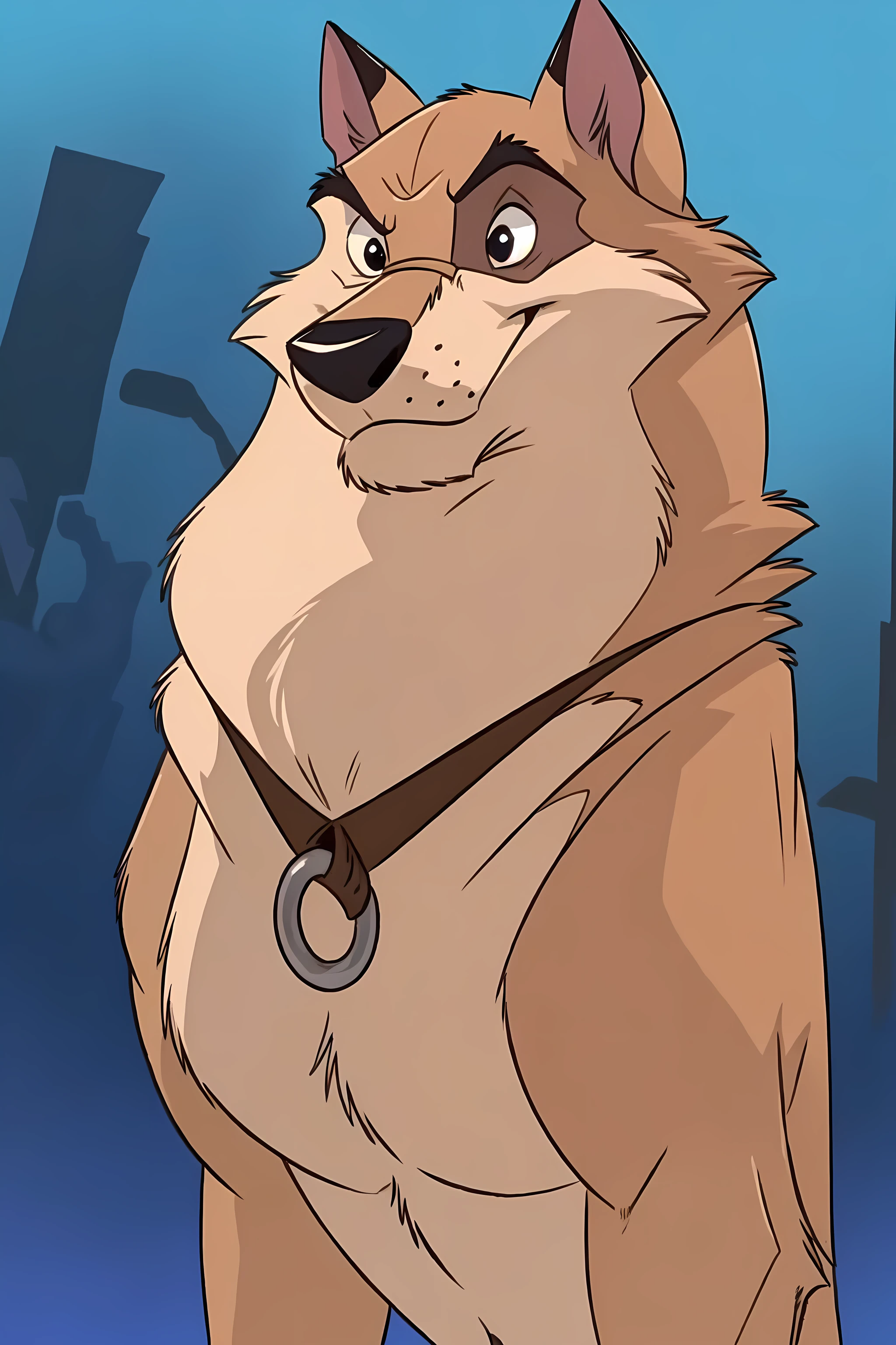 kaltag (balto), solo, detailed, detailed face, detailed eyes, feral, black lineart, black outline, male, muscular body, black eyes, cartoon shading, cel shaded:1.0, confident, proud, (stylized background, stylized snowflakes, blue background, gradient background, simple background):1.2, bare chest, by wfa, by negger, posing, correct anatomy, correct proportions, pectorals, full body:1.2, paws:1.1