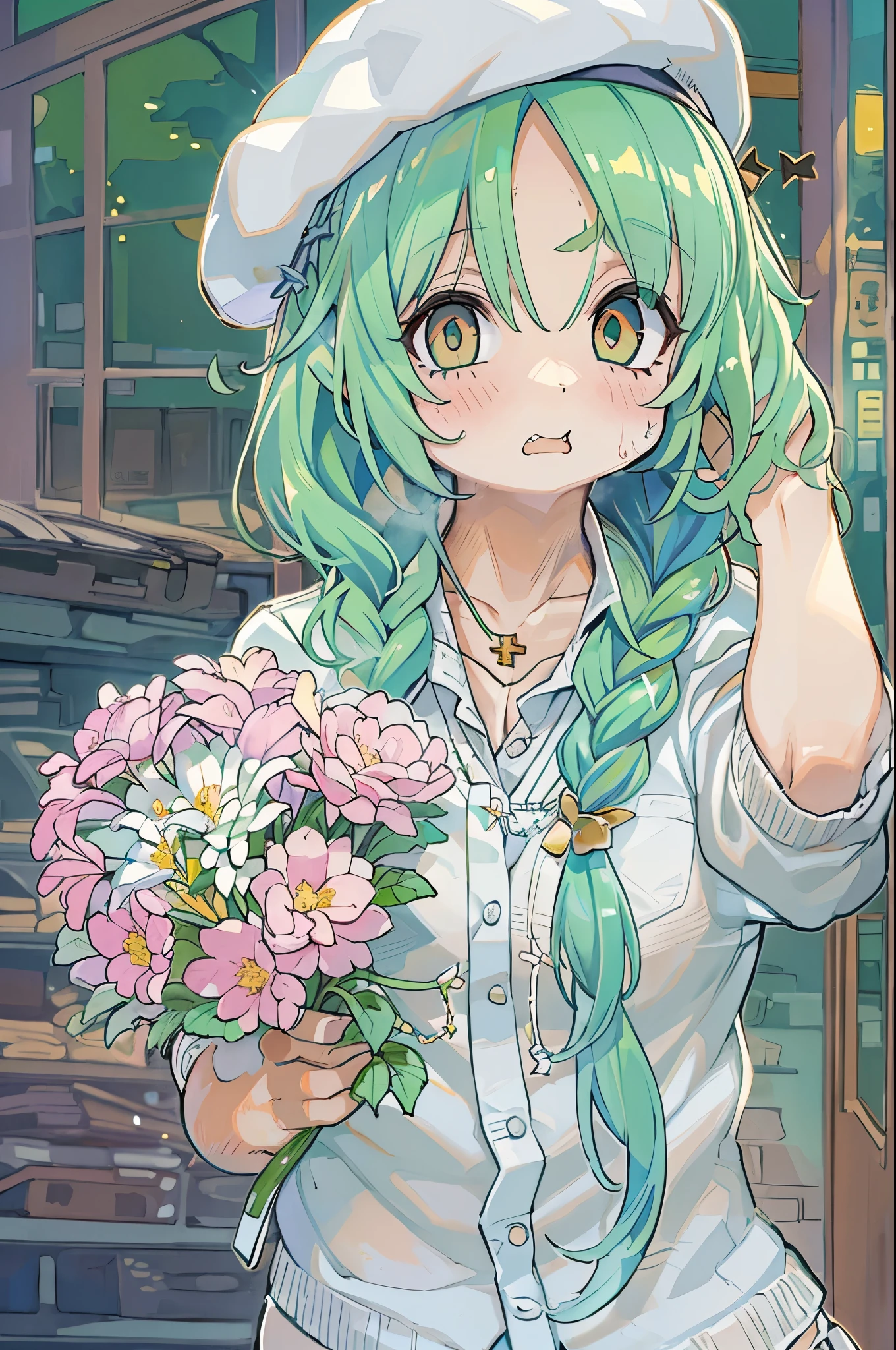 One girl, (Sagging under the eyes:1.5), Mint green hair, twin_Braiding, White Beret, White shirt, Floral tie