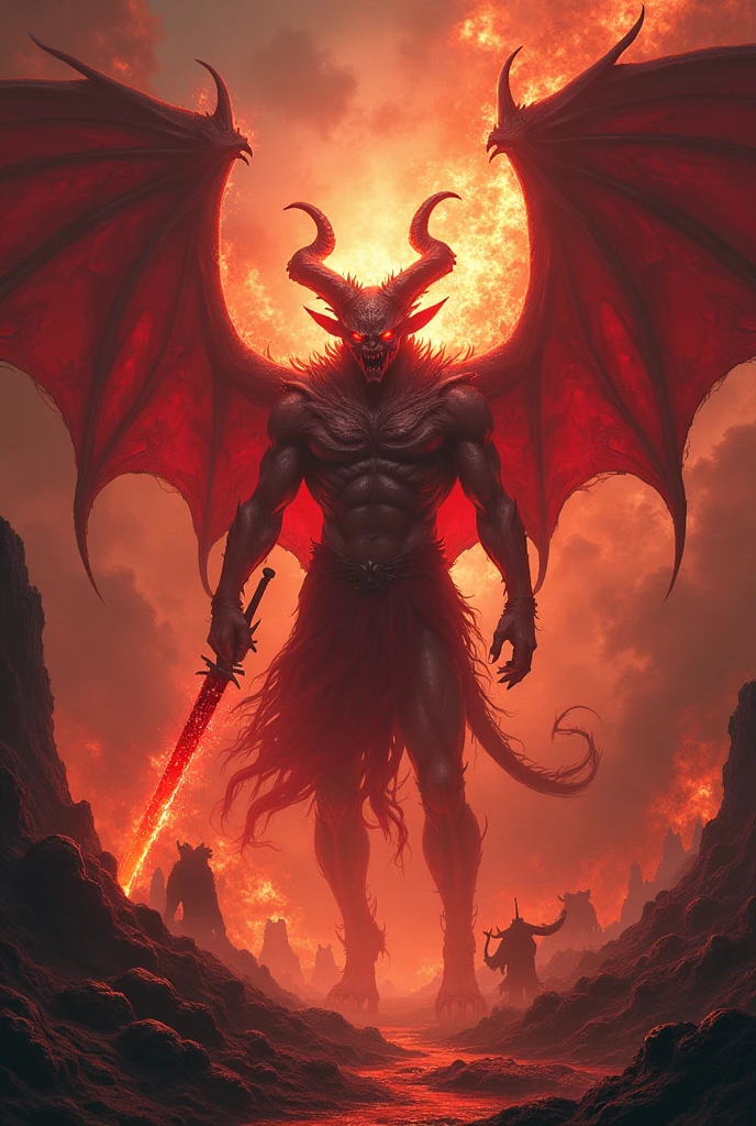 A super devil with red blood flame sword and ride on dragons in hell larvae so, many bad soul around him in corners are scared of his distriction