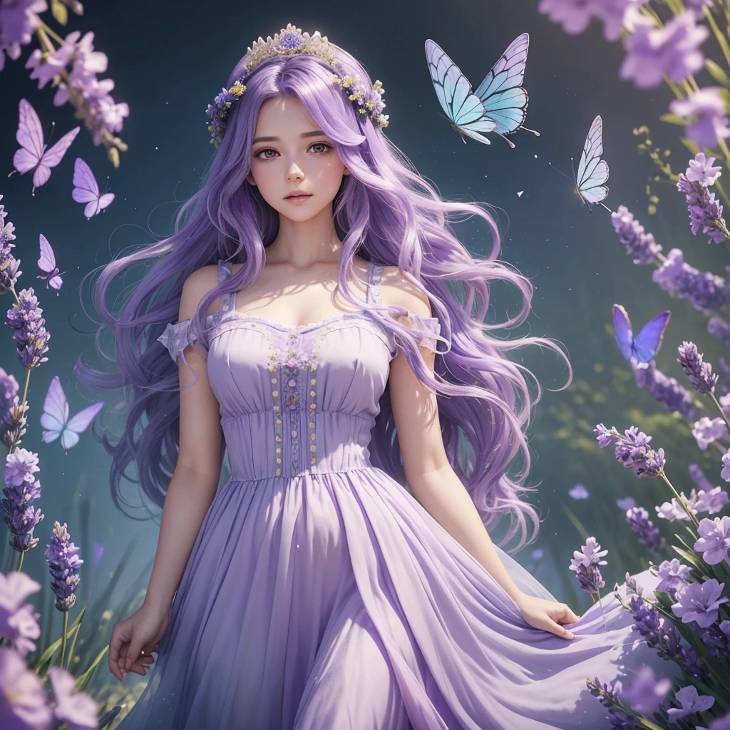 The image is a dreamy digital illustration of a young woman with long, wavy lavender hair. She is wearing a crown of purple flowers on her head. The background is a soft, pastel purple color, and there are several blue butterflies flying around her. The overall mood of the image is dreamy and ethereal. She is wearing a lavender coloured dress.