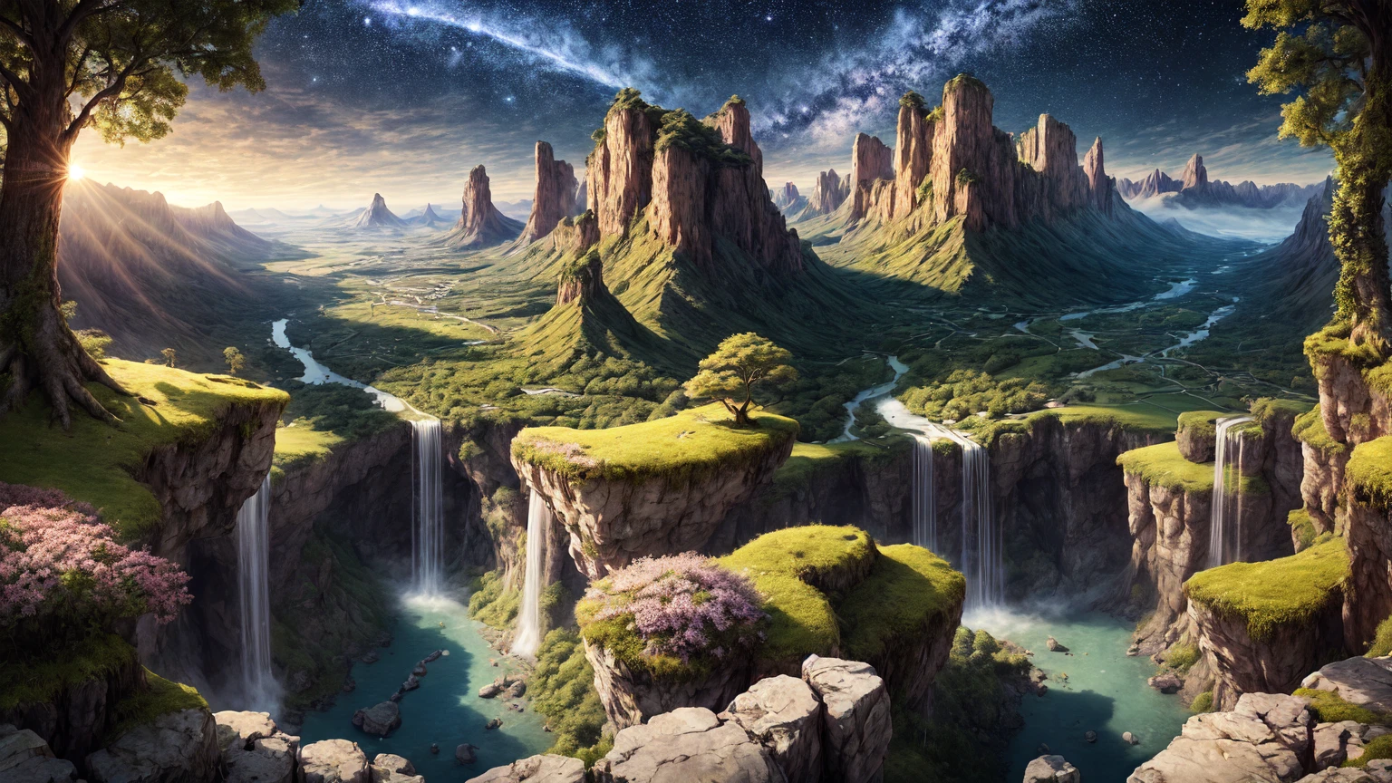 masterpiece, Best quality scenery, Dramatic lighting, Intricate details, Sharp focus, 16K, Advent, Professional Illustration, Shining tall flower, A magical orange forest, waterfall, Shining Stream, Fantasy, Starry Night, Dusty rays, Illuminated mountains in the background々,A panoramic view from above) 