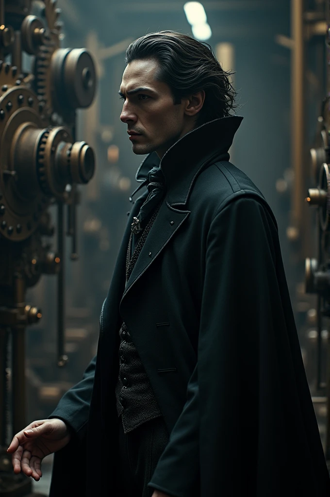a mechanical era, young dracula count, detailed metal gears, clockwork mechanisms, cogs and pistons, gothic architecture, dark and moody lighting, dramatic shadows, dramatic poses, (best quality,4k,8k,highres,masterpiece:1.2),ultra-detailed,(realistic,photorealistic,photo-realistic:1.37),cinematic framing,chiaroscuro lighting,dramatic lighting,dark fantasy,dark gothic,dramatic,highly detailed,intricate,mechanical,steampunk,victorian era