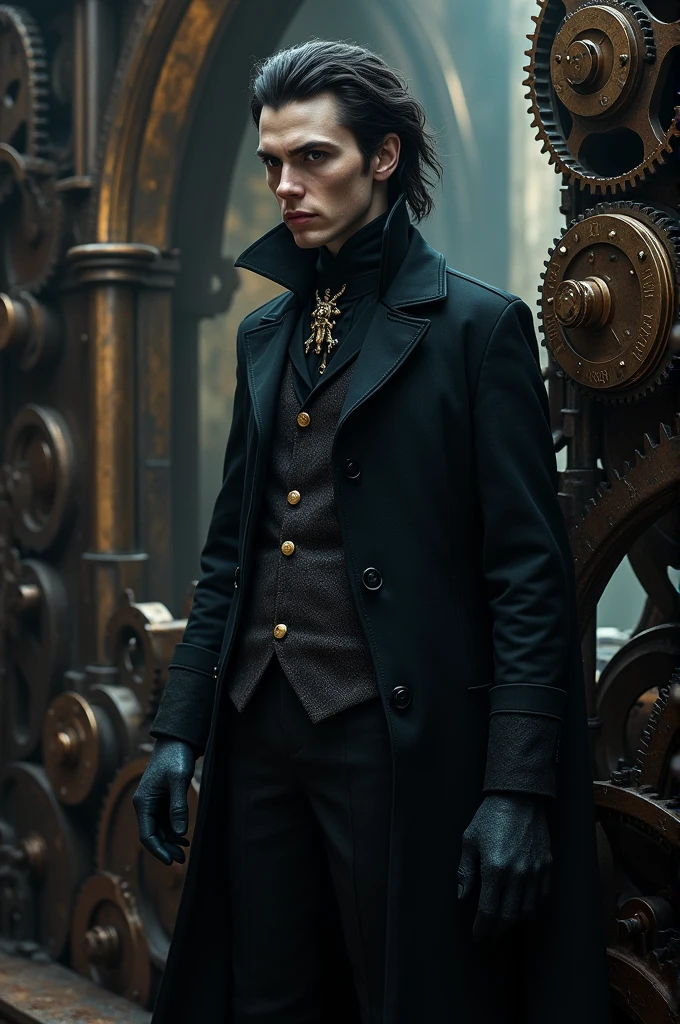 a mechanical era, young dracula count, detailed metal gears, clockwork mechanisms, cogs and pistons, gothic architecture, dark and moody lighting, dramatic shadows, dramatic poses, (best quality,4k,8k,highres,masterpiece:1.2),ultra-detailed,(realistic,photorealistic,photo-realistic:1.37),cinematic framing,chiaroscuro lighting,dramatic lighting,dark fantasy,dark gothic,dramatic,highly detailed,intricate,mechanical,steampunk,victorian era