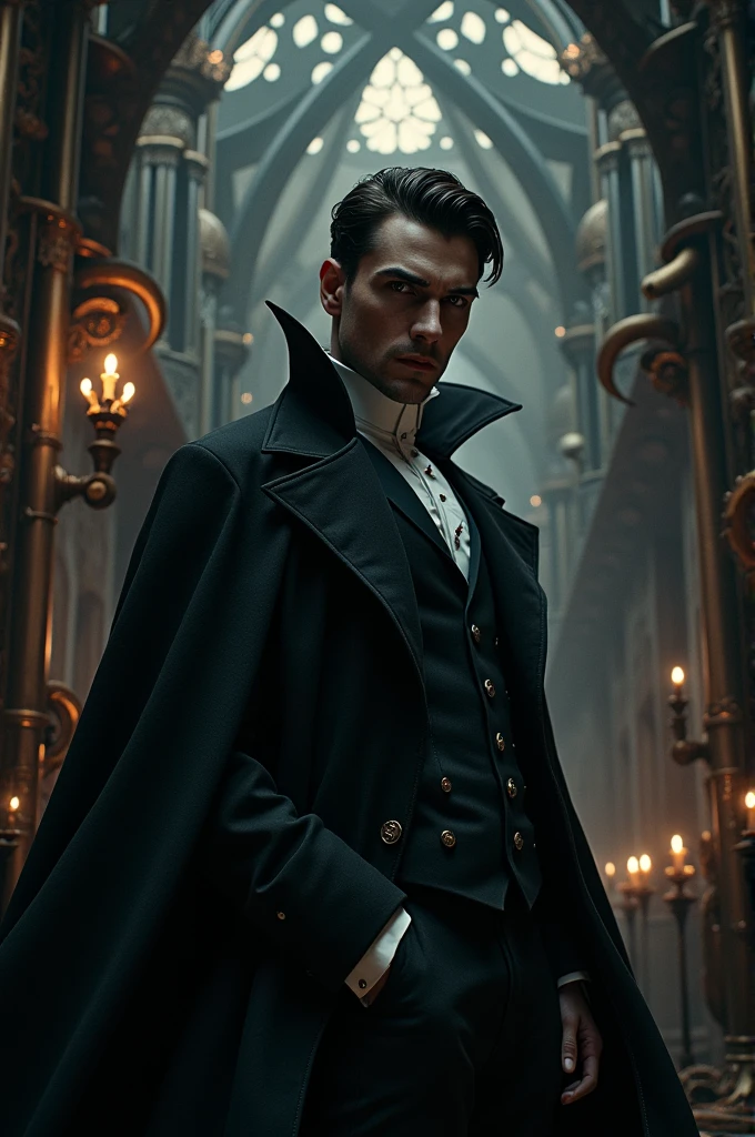 a mechanical era, young dracula count, detailed metal gears, clockwork mechanisms, cogs and pistons, gothic architecture, dark and moody lighting, dramatic shadows, dramatic poses, (best quality,4k,8k,highres,masterpiece:1.2),ultra-detailed,(realistic,photorealistic,photo-realistic:1.37),cinematic framing,chiaroscuro lighting,dramatic lighting,dark fantasy,dark gothic,dramatic,highly detailed,intricate,mechanical,steampunk,victorian era
