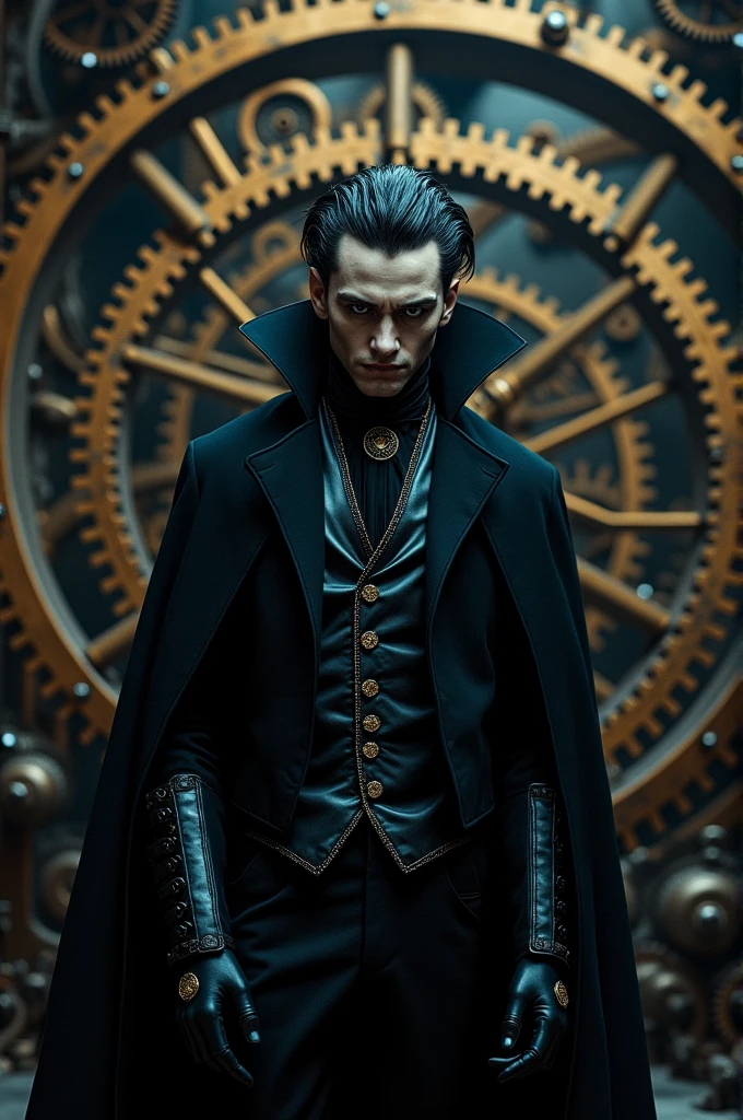 a mechanical era, young dracula count, detailed metal gears, clockwork mechanisms, cogs and pistons, gothic architecture, dark and moody lighting, dramatic shadows, dramatic poses, (best quality,4k,8k,highres,masterpiece:1.2),ultra-detailed,(realistic,photorealistic,photo-realistic:1.37),cinematic framing,chiaroscuro lighting,dramatic lighting,dark fantasy,dark gothic,dramatic,highly detailed,intricate,mechanical,steampunk,victorian era