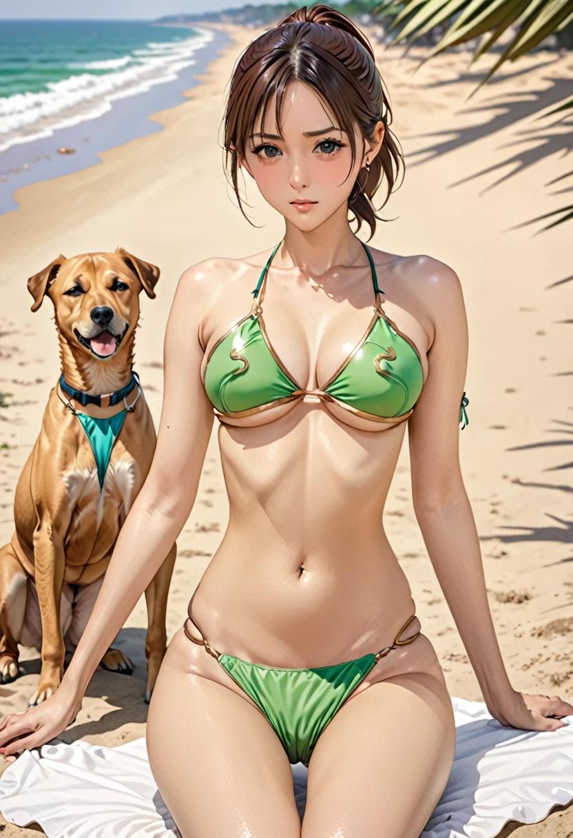 Highest quality, Official Art, masterpiece, Fabric Shading, High resolution, Very detailed, colorful, Best details, (Adult,30 years old, 一peopleの大peopleの女性, conversion:1.5, Female dog, short hair, Brown Hair, ponytail、Tired Hair, Green swimsuit:1.5, Center of chest, Puffy nipples:1.3, skinny:1.5, Camel Toe:1.5, Public indecency:1.5, Beach:1.5, derogatory, people々Surrounded by:1.5,